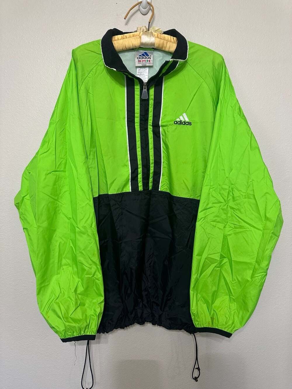 Vintage Adidas 90s Neon Green and Black Half-Zip Windbreaker Jacket